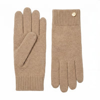 Pair of beige gloves with a button on a white background