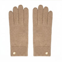 Pair of beige gloves with gold buttons on a white background