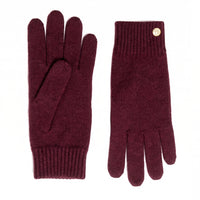Pair of maroon gloves with a gold button on a white background