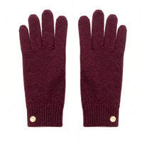 Pair of maroon gloves with gold buttons on a white background