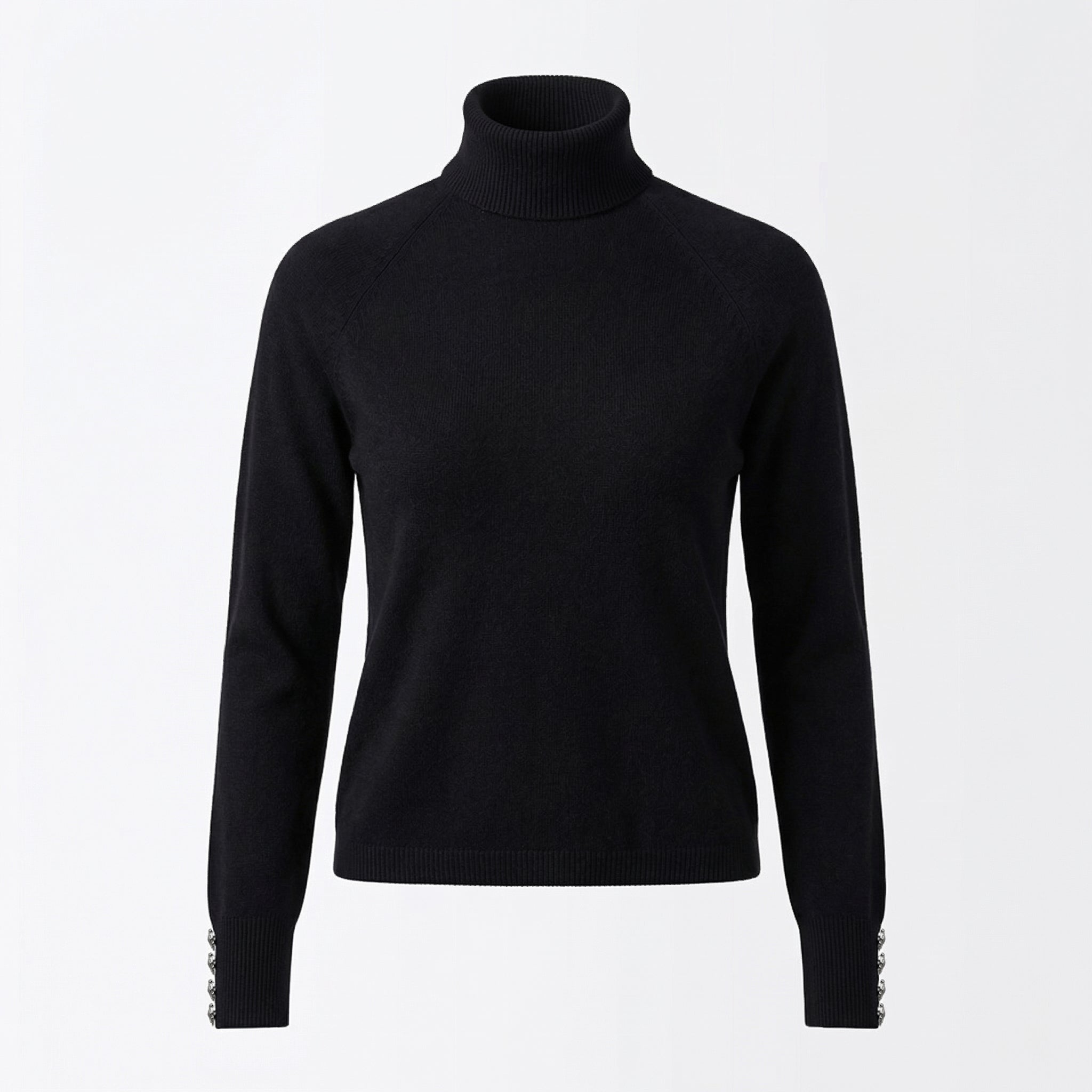 Black turtleneck sweater on a light gray background