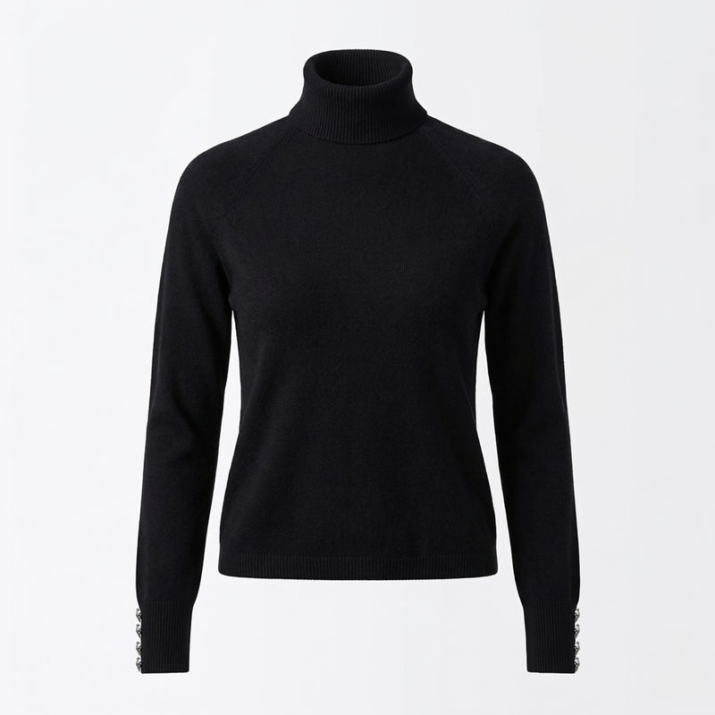 Black turtleneck sweater on a light gray background