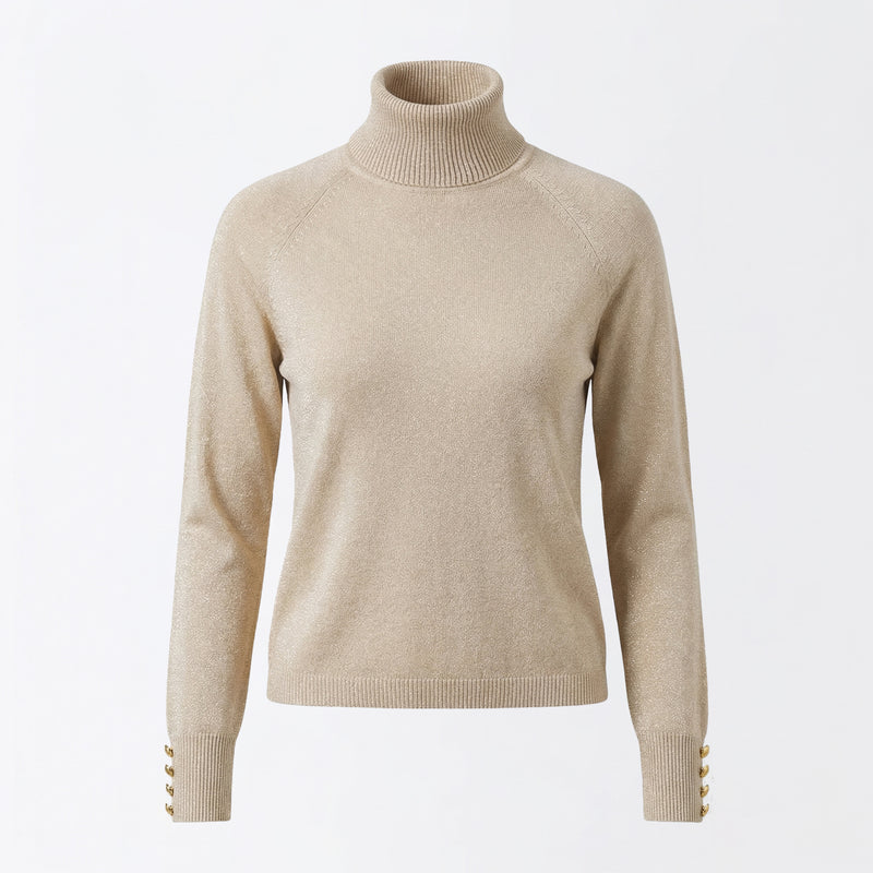 Beige turtleneck sweater on a light gray background