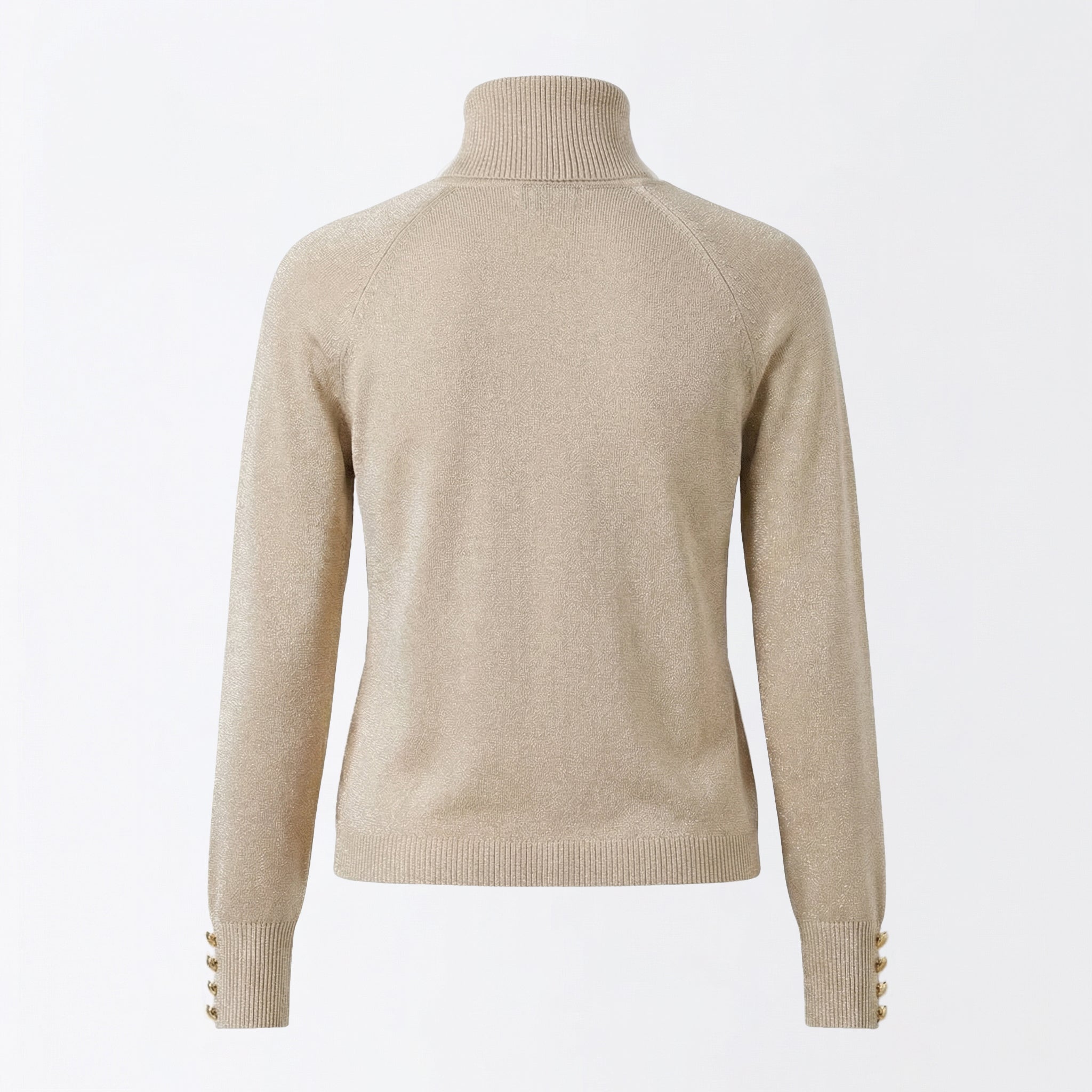 Beige turtleneck sweater on a light gray background