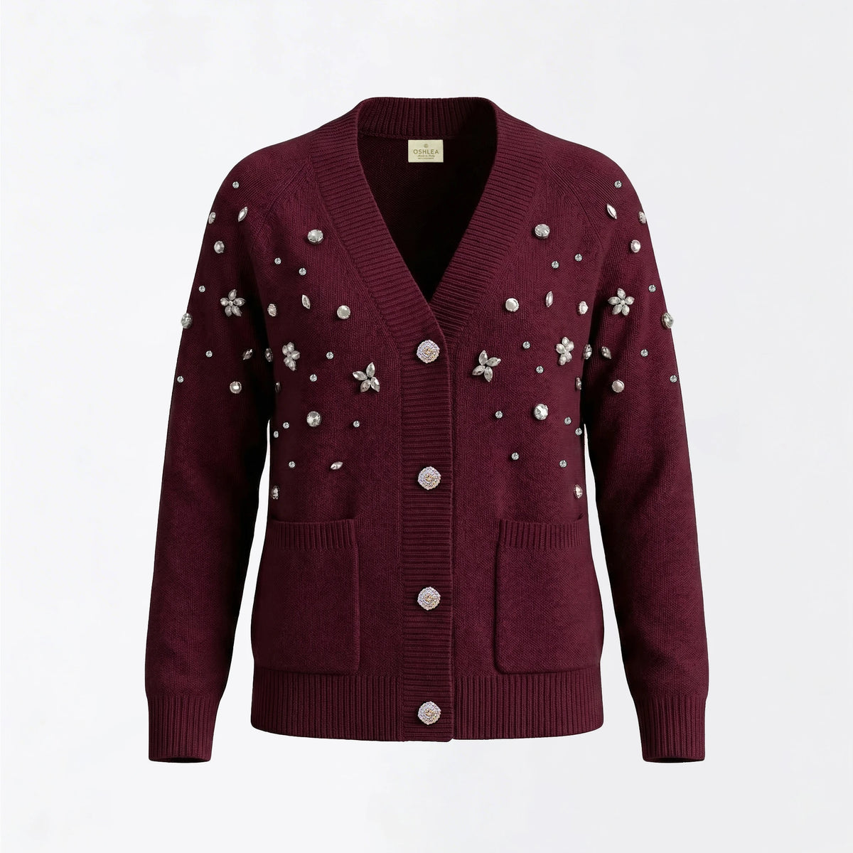 Maison Crystal Petal Cardigan in Burgundy Cashmere