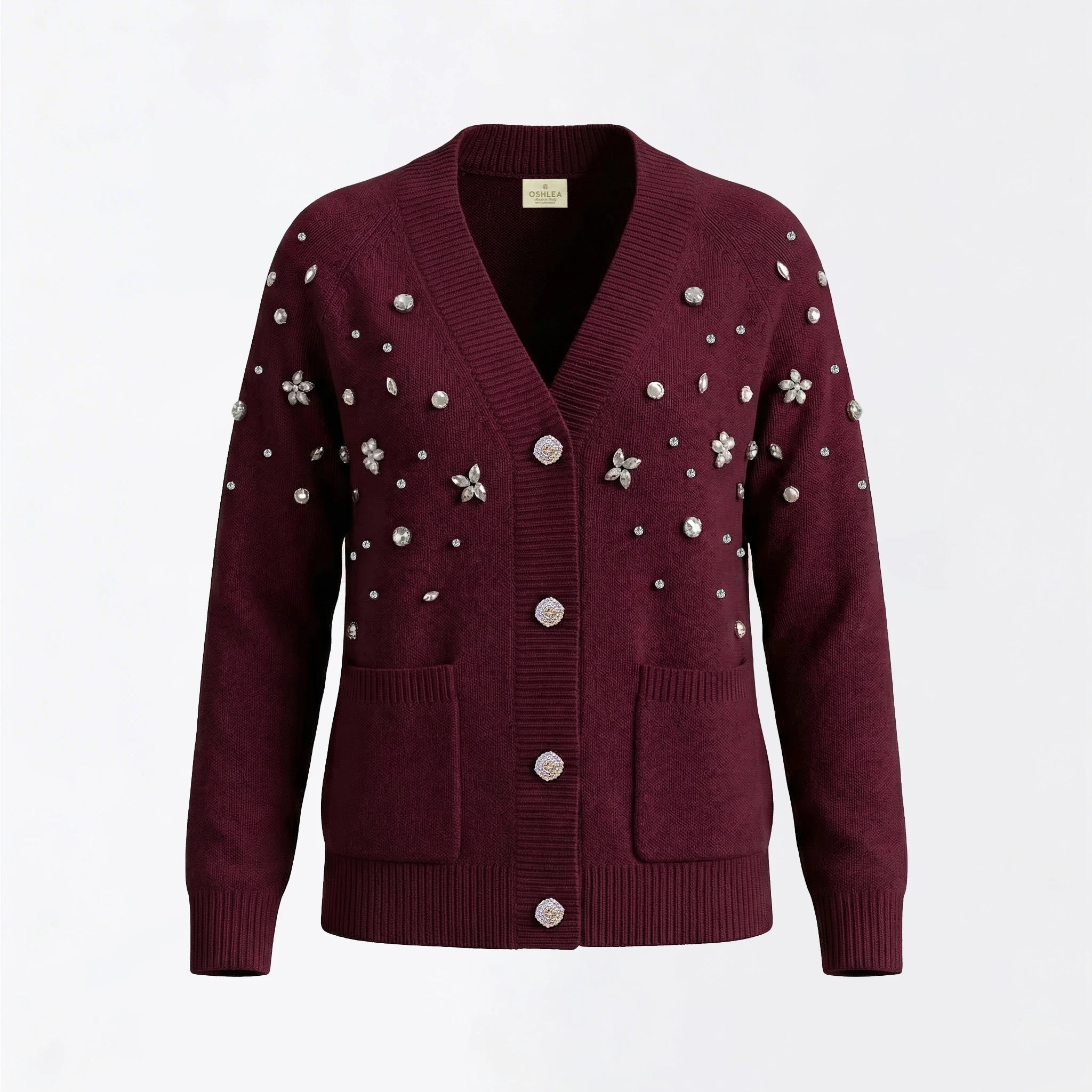 Maison Crystal Petal Cardigan in Burgundy Cashmere