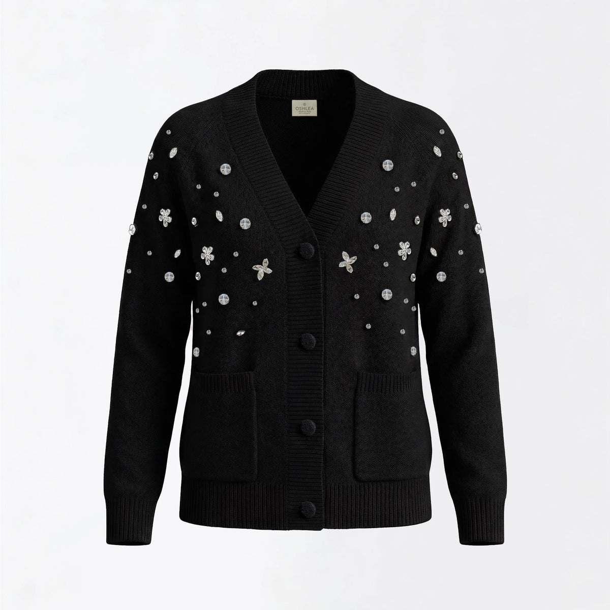 Maison Crystal Petal Cardigan in Black Cashmere