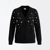 Maison Crystal Petal Cardigan in Black Cashmere