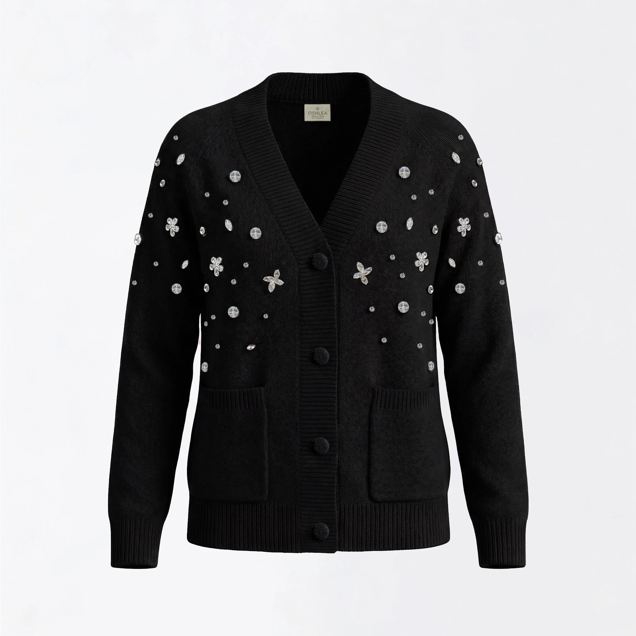 Maison Crystal Petal Cardigan in Black Cashmere