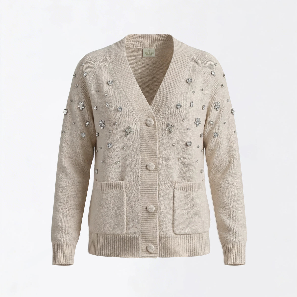 Maison Crystal Petal Cardigan in Beige Cashmere