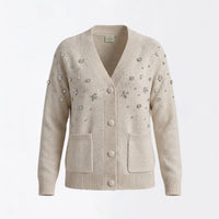 Maison Crystal Petal Cardigan in Beige Cashmere