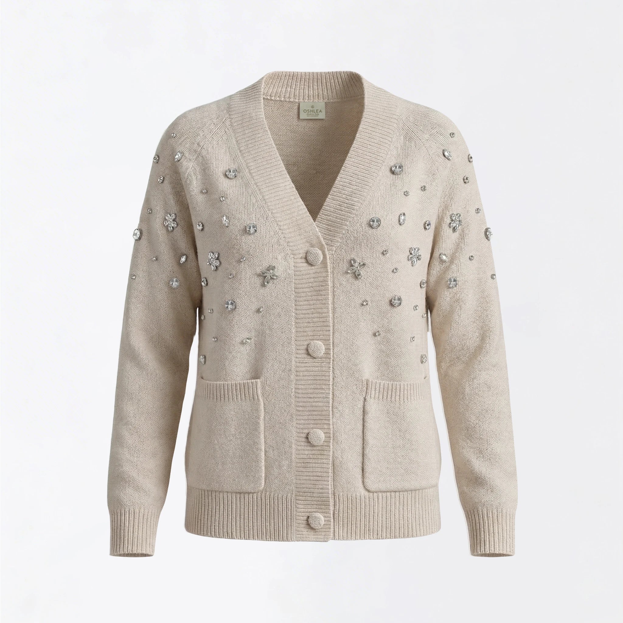 Maison Crystal Petal Cardigan in Beige Cashmere