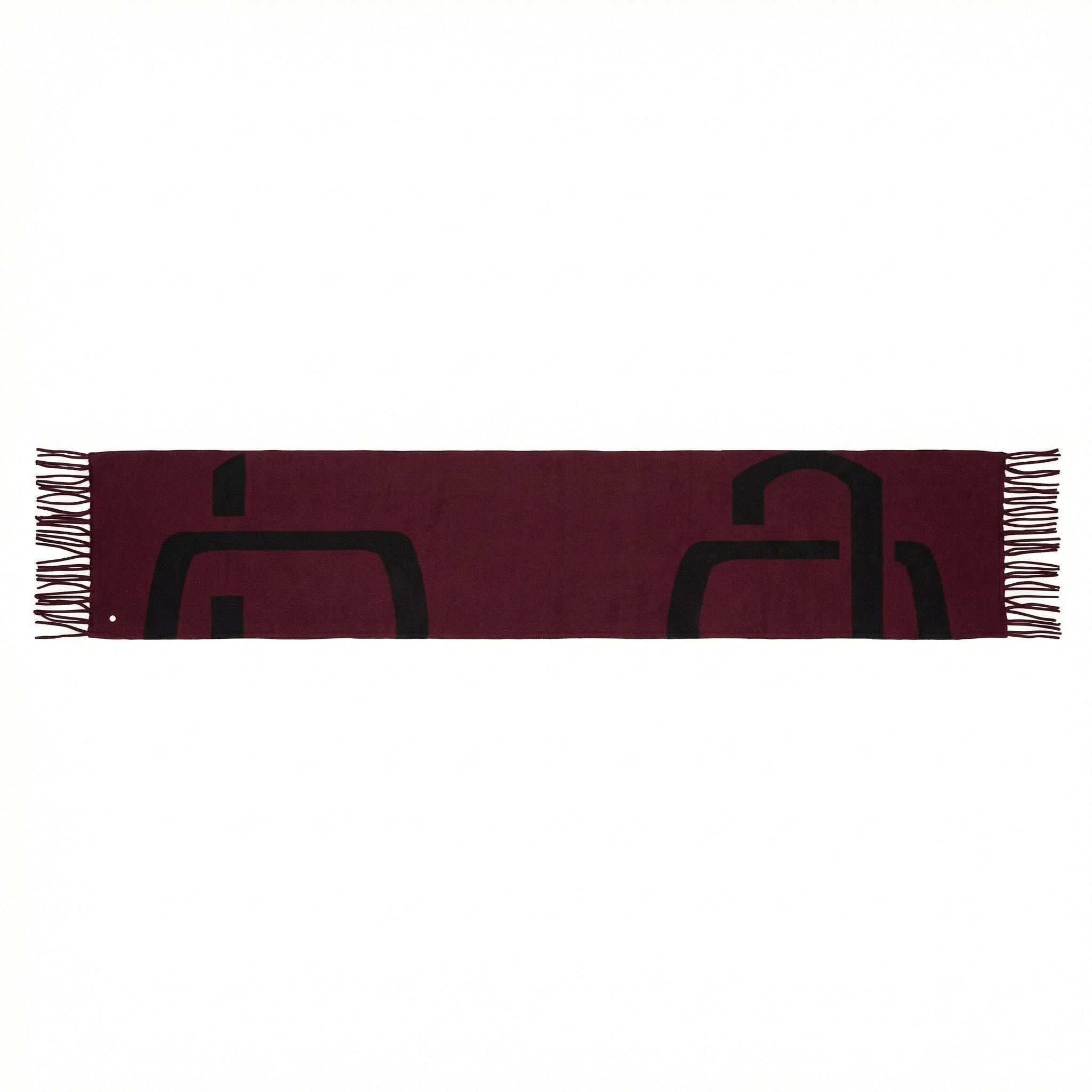 Maroon scarf with black geometric patterns on a white background