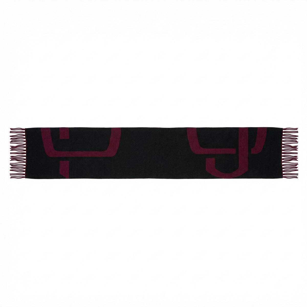 Black scarf with red logo on a white background