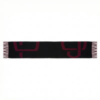 Black scarf with red logo on a white background