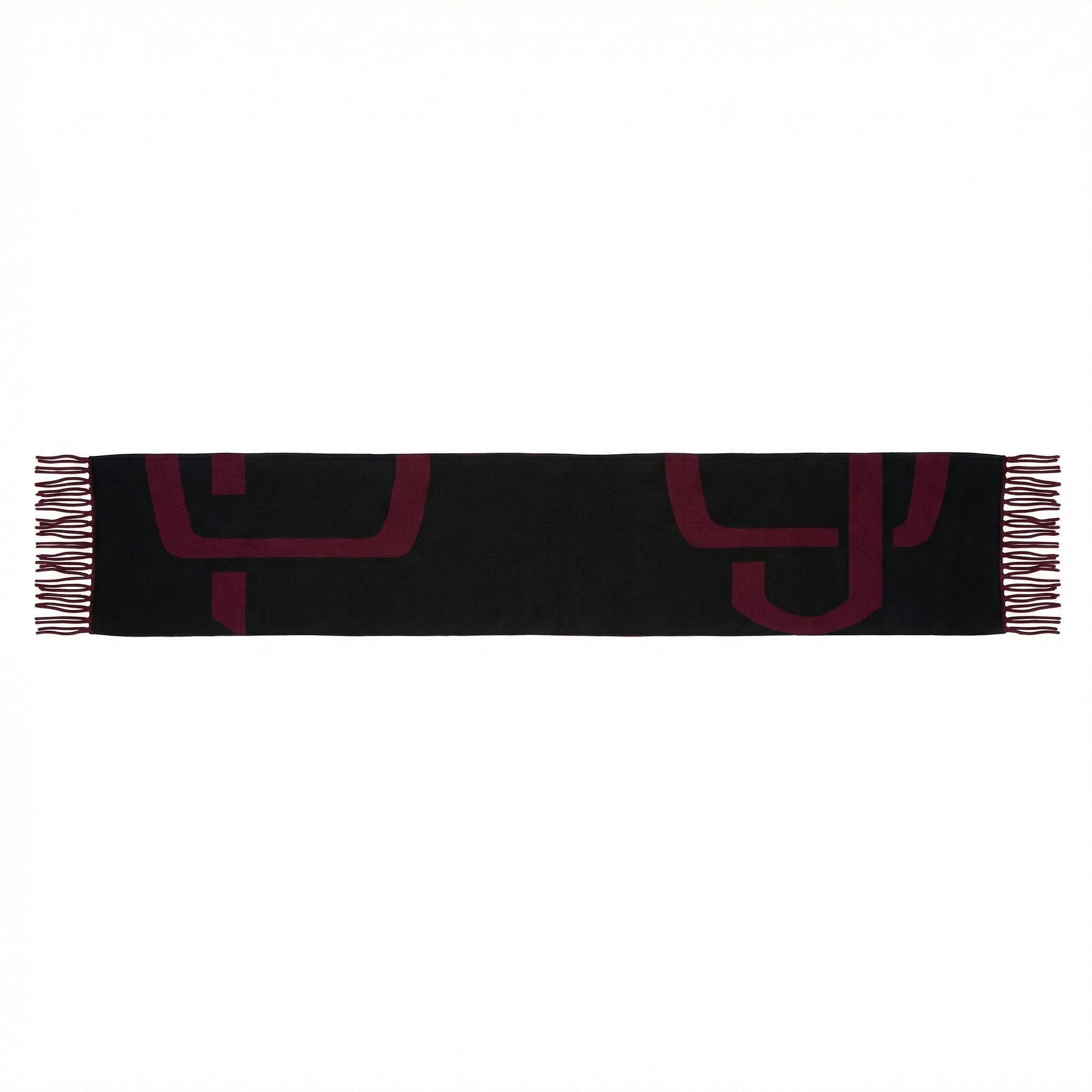 Black scarf with red logo on a white background