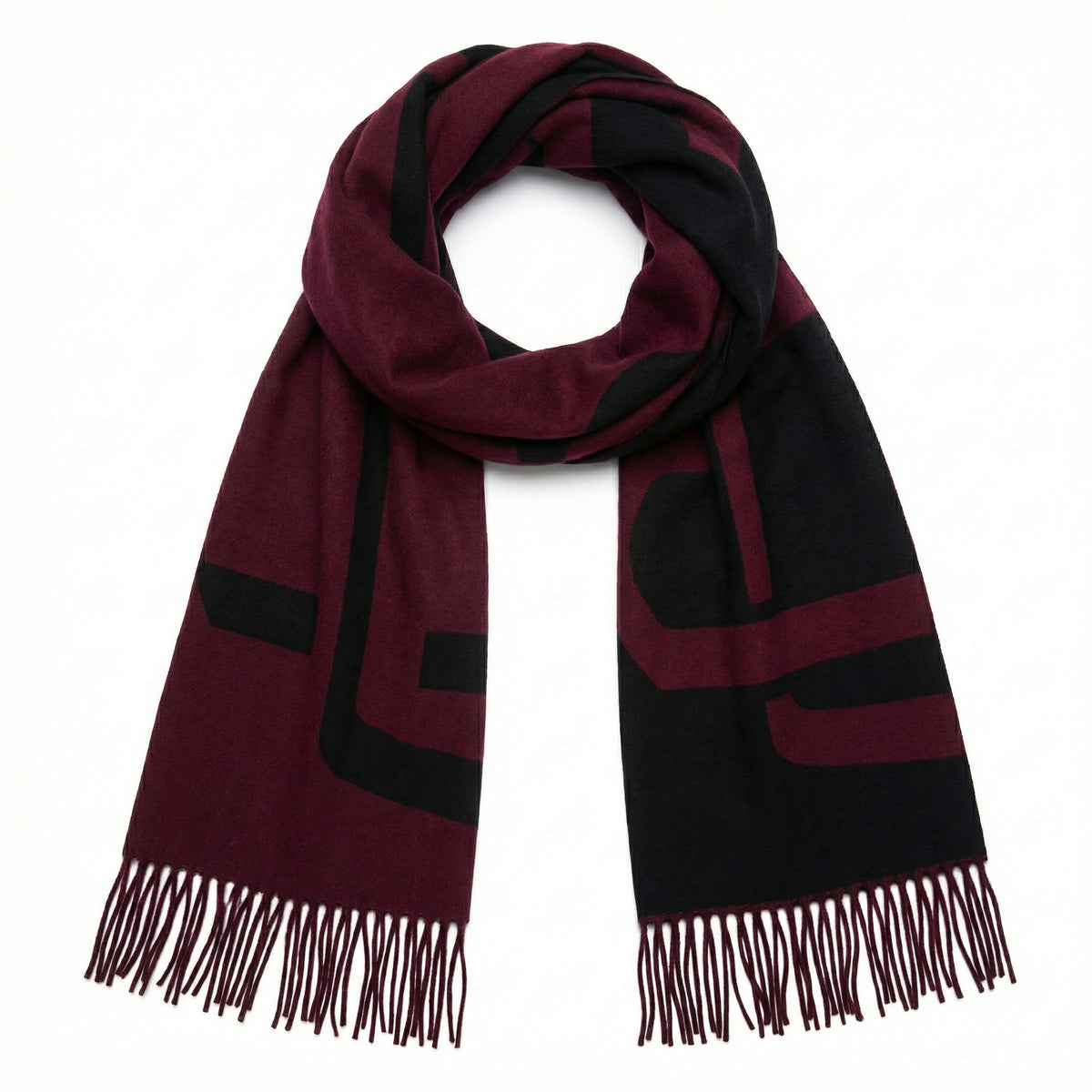 Maroon and black striped scarf with fringes on a white background