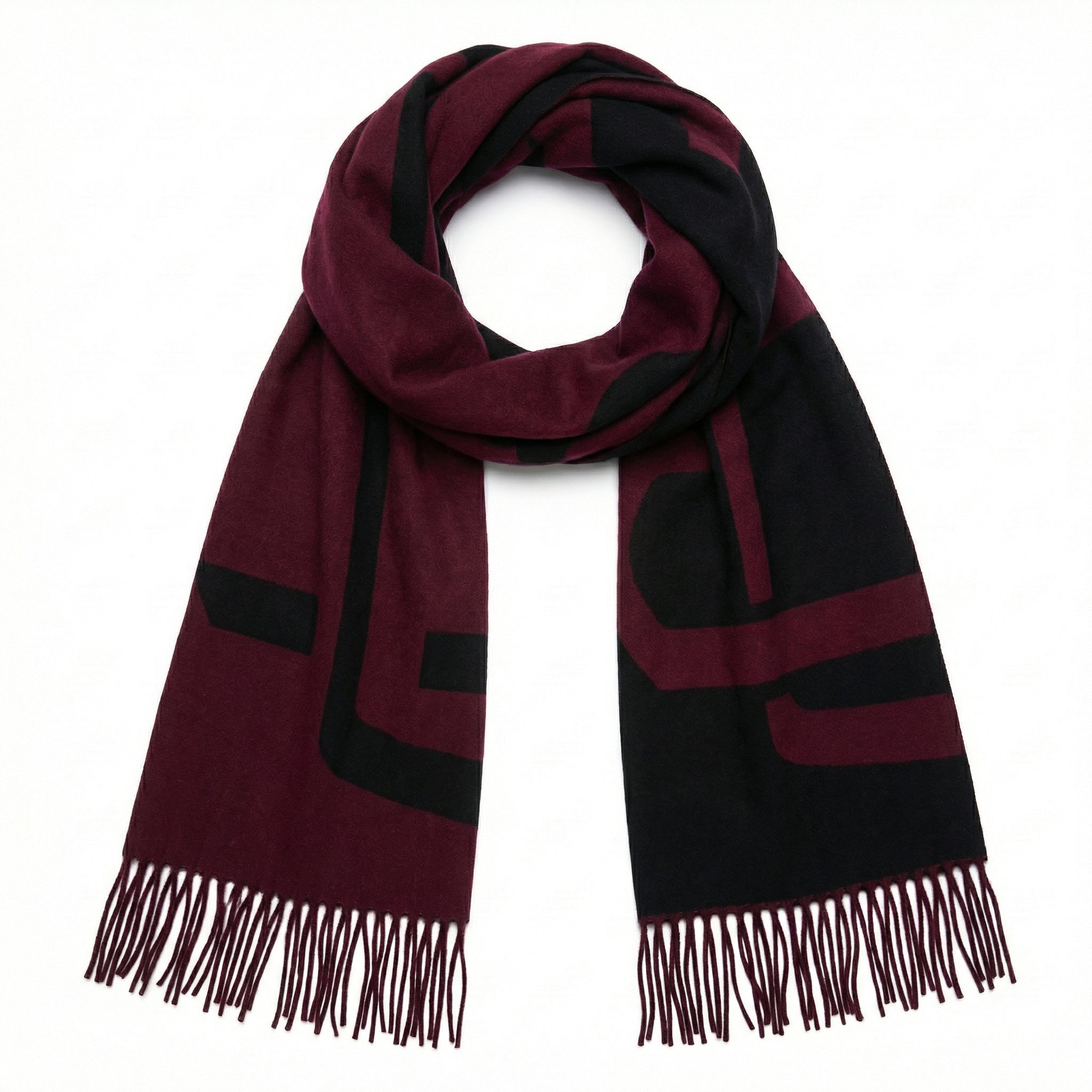 Maroon and black striped scarf with fringes on a white background