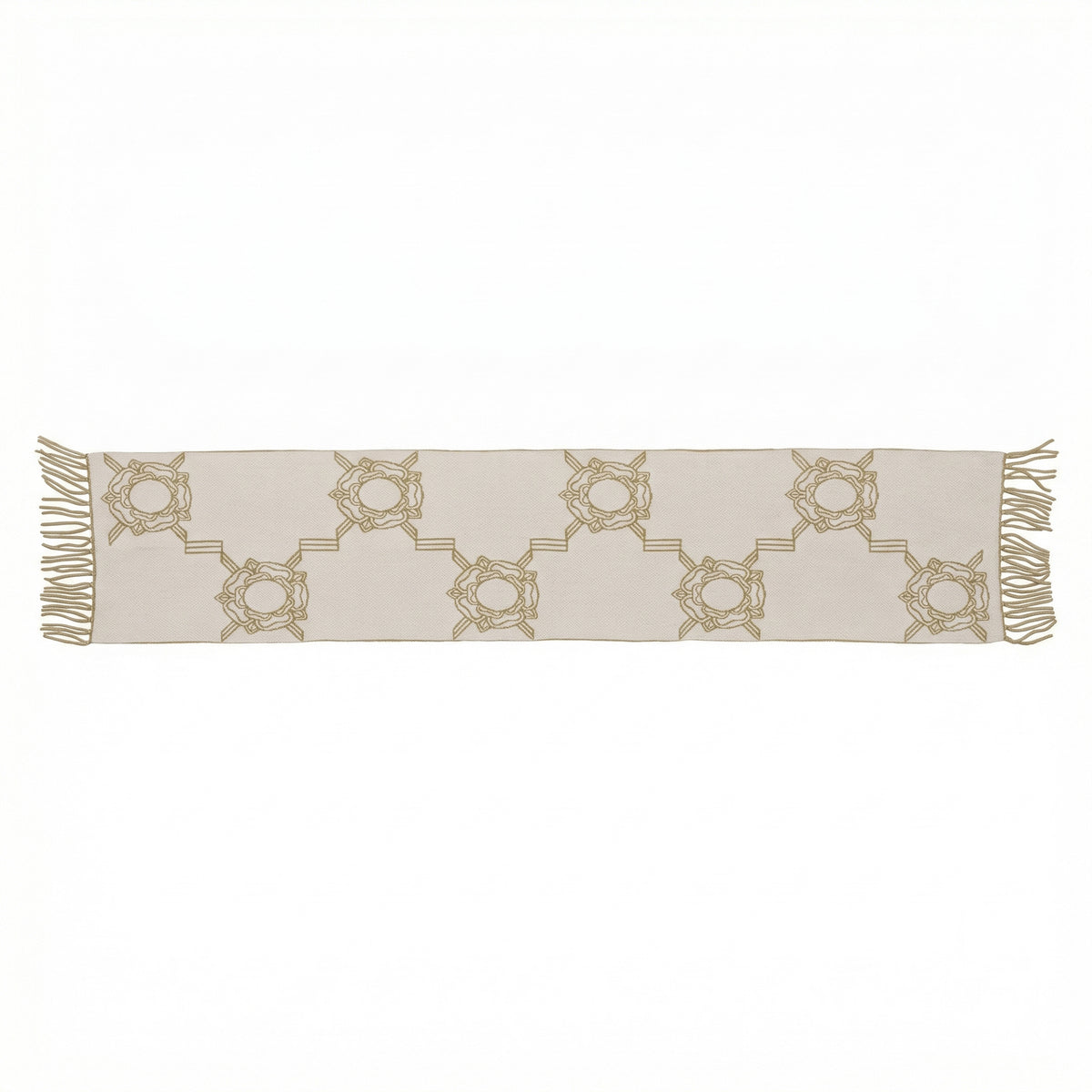 Beige table runner with gold geometric pattern on a white background