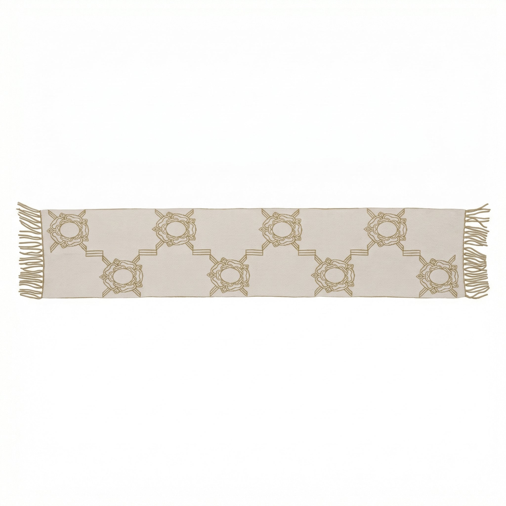 Beige table runner with gold geometric pattern on a white background
