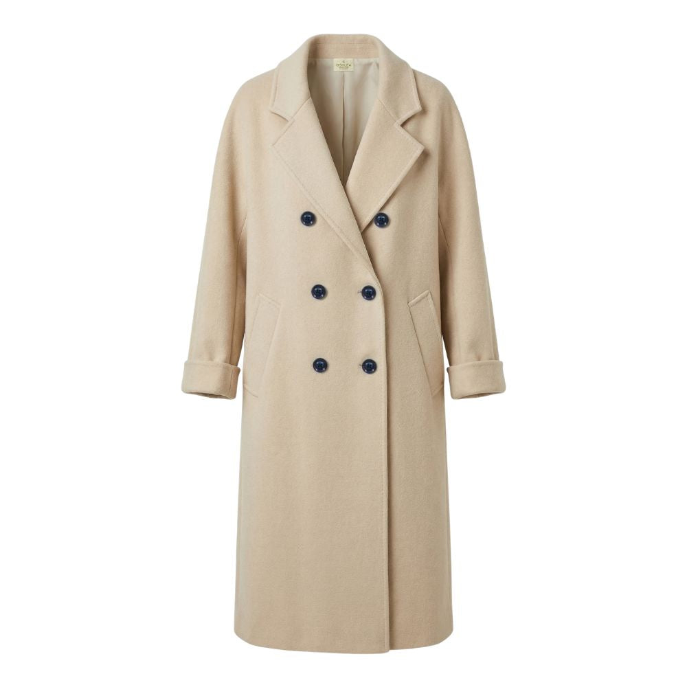 Beige overcoat with dark buttons on a white background
